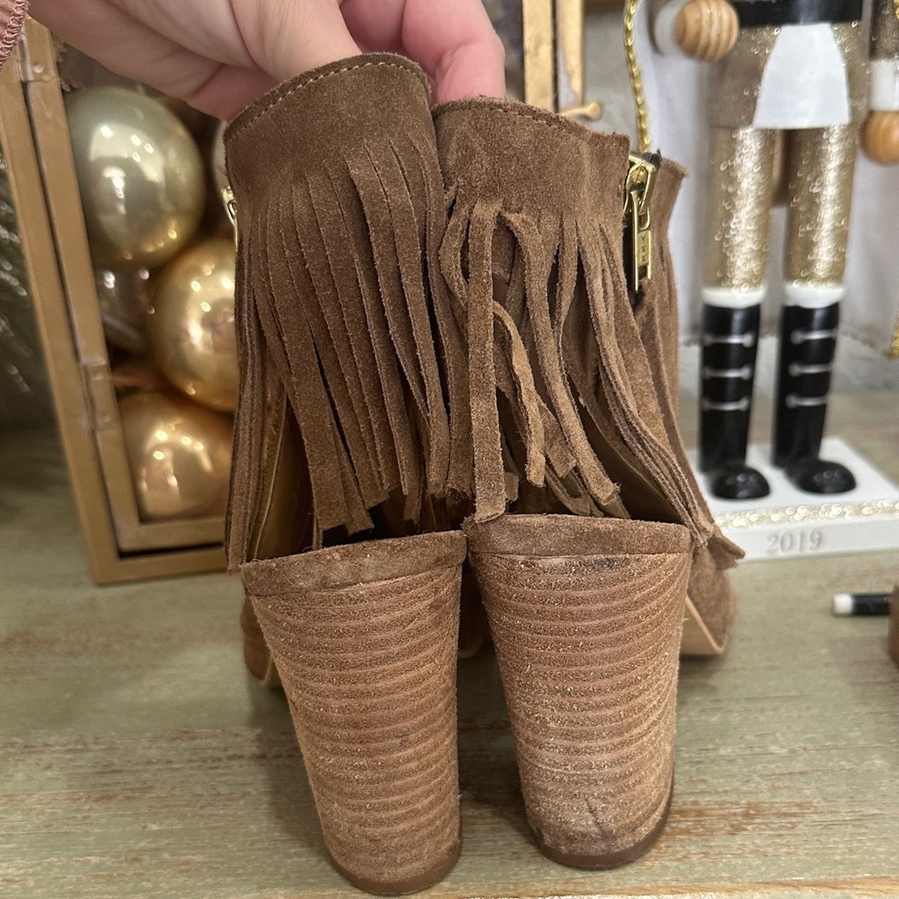 Carlos by Carlos Santana Brown Suede Fringe Open-Toe Heeled Boots - Picture 5 of 9